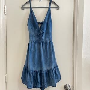Y2K Babydoll Chambray Denim Dress Ruffle Tiered Boho Western Cowgirl Barn Size M
